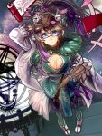  blue_eyes breasts brown_hair cleavage cleavage_cutout foreshortening from_above glasses gloves green_legwear headdress highres jingle_bell long_hair looking_at_viewer looking_up pantyhose petals pink-framed_glasses ponytail purple-framed_glasses red-framed_glasses ryuuri_susuki sangokushi_taisen scroll shokatsurin solo telescope 