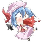 bat_wings bibi blue_hair blush chibi detached_wings hat mary_janes o_o remilia_scarlet shoes short_hair simple_background single_shoe solo spit_take spitting tears touhou wings 