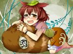  animal_ears bloomers blush bottle brown_eyes brown_hair futatsuiwa_mamizou glasses gourd leaf leaf_on_head open_mouth oyuki raccoon_ears raccoon_tail sake_bottle sandals short_hair skirt smile solo tail tail_hug touhou 