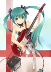  amplifier aqua_eyes aqua_hair bare_shoulders boots breasts cleavage detached_collar effects_pedal guitar hair_ribbon hatsune_miku instrument kakuno long_hair plectrum ribbon skirt solo standing_on_one_leg thigh-highs thigh_boots thighhighs twintails very_long_hair vocaloid whammy_bar white_legwear 