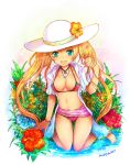  1girl :d aqua_eyes barefoot bikini blonde_hair blue_eyes bracelet breasts character_request cleavage cordelia_glauca flower hat highres jewelry kara_(color) kneeling long_hair necklace open_clothes open_mouth open_shirt sarong shirt side-tie_bikini smile solo strap_gap sun_hat swimsuit tantei_opera_milky_holmes thigh_gap twintails watch wristwatch 