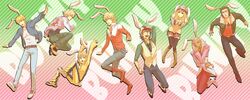  6+boys animal_ears antonio_lopez barnaby_brooks_jr blonde_hair blue_eyes blue_jacket bomber_jacket boots brown_eyes brown_hair brown_legwear bruce_lee&#039;s_jumpsuit bruce_lee's_jumpsuit bunny_ears bunny_girl bunny_tail bunnyboy bunnygirl cabbie_hat chest_hair dark_skin detached_sleeves dress earrings everyone facial_hair fur_trim glasses green_eyes hat high_heels huang_baoling ivan_karelin jacket jeans jewelry kaburagi_t_kotetsu karina_lyle keith_goodman kemonomimi_mode letterman_jacket male multiple_boys multiple_girls nathan_seymour necklace necktie pink_eyes pink_hair purple_eyes purple_jacket red_jacket rentaro_(n-y) shoes short_hair sleeveless sleeveless_dress sneakers stubble tail thigh-highs thighhighs tiger_&amp;_bunny v-neck vest violet_eyes waistcoat zettai_ryouiki 