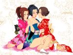  bare_legs black_hair blush breast_press breasts brown_hair character_request copyright_request eye_contact finger_suck finger_sucking japanese_clothes kimono kimono_pull legs looking_at_another multiple_girls nonoji_46 off_shoulder short_hair tabi yuri 