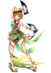  ankle_lace-up arm_warmers bell belt bodypaint brown_hair cross-laced_footwear dual_wielding facepaint gen_(whiteline) green_eyes highres looking_at_viewer original sandals shorts simple_background sleeveless solo weapon 