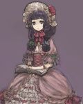  adapted_costume alternate_hairstyle bonnet book corset dress egawa_satsuki elbow_gloves frills gathers gloves gown hat patchouli_knowledge pink_dress purple_eyes purple_hair ruffles short_sleeves simple_background solo touhou twintails victorian 