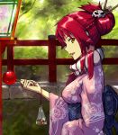  alternate_hairstyle bag bagged_fish candy_apple fish hair_bun hair_ornament highres japanese_clothes kimono open_mouth red_hair redhead scarf skull_hair_ornament solo tengen_toppa_gurren_lagann teralimit yellow_eyes yoko_littner 