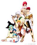  4boys ^_^ aladdin_(magi) ali_baba_saluja aqua_hair armor bare_shoulders barefoot blonde_hair blue_hair braid breasts cleavage closed_eyes dalc_rose eyes_closed feet front_ponytail green_eyes hat highres long_hair magi_the_labyrinth_of_magic masrur midriff morgiana multiple_boys multiple_girls navel open_mouth red_eyes red_hair redhead saber_(weapon) sharrkan short_hair single_braid smile staff sword weapon white_hair witch_hat yamuraiha yellow_eyes 