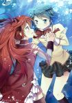 blue_eyes blue_hair blush bow bubble eye_contact gleision_adain hair_bow hand_holding hands_clasped holding_hands interlocked_fingers long_hair looking_at_another mahou_shoujo_madoka_magica miki_sayaka multiple_girls ponytail red_eyes red_hair redhead sakura_kyouko school_uniform short_hair skirt thigh-highs thighhighs water 