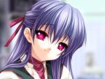  game_cg hair_ribbon koisuru_otome_to_shugo_no_tate looking_at_viewer pink_eyes purple_hair ribbon sanada_setsuko senomoto_hisashi smile 