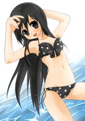  armpits bikini black_eyes black_hair blush breasts cleavage frilled_bikini frills front-tie_top long_hair misspromise navel o-ring_bottom open_mouth original polka_dot polka_dot_bikini polka_dot_swimsuit smile solo swimsuit water wet 