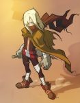  bandage bandages belt blonde_hair boots claws cleaver cloak hair_over_one_eye long_hair male oversized_limbs perspective scarf solo tengen_toppa_gurren_lagann viral yellow_eyes 