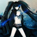  belt black_hair black_rock_shooter black_rock_shooter_(character) bra glowing glowing_eyes lingerie long_hair looking_at_viewer scar short_shorts shorts solo twintails underwear uno_(colorbox) very_long_hair weapon 