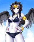  armlet bikini black_hair black_wings bracelet breasts duel_monster fabled_grimro hair_ornament hands_on_hips jewelry large_breasts monster_(yugioh) monster_girl multicolored_eyes navel o-ring_bottom o-ring_top pale_skin pataryouto pointy_ears red_sclera ring swimsuit white_skin wings yu-gi-oh! yuu-gi-ou yuu-gi-ou_duel_monsters 