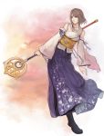  1girl boots brown_hair closed_mouth detached_sleeves female final_fantasy final_fantasy_x full_body green_eyes hakama_skirt heterochromia holding holding_staff japanese_clothes kllsiren looking_away obi short_hair solo staff yuna 