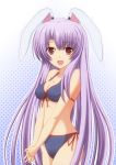  absurdres animal_ears bikini breasts bunny_ears front-tie_top hands_clasped hands_together highres long_hair nama_gusa purple_hair reisen_udongein_inaba smile solo swimsuit touhou v_arms very_long_hair 