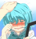  blue_hair blush broken closed_eyes crying dirty dirty_face face hand_on_another's_head hand_on_head hands highres loggy open_mouth petting rubbing_eyes shirt short_hair snot solo tatara_kogasa tears torn_clothes touhou umbrella 