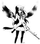  1girl akemi_homura argyle argyle_legwear assault_rifle bad_id black_hair black_legwear capelet gun hair_ribbon kuroto_usagi long_hair magical_girl mahou_shoujo_madoka_magica monochrome pantyhose pistol pleated_skirt ribbon rifle shield signature skirt solo trigger_discipline weapon wings 