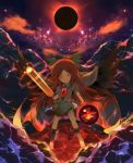  arm_cannon black_sun black_wings bow brown_hair cape chibi cloud eclipse energy_ball glowing glowing_eyes glowing_weapon hair_bow hato_no_hito mountain night nuclear radiation_symbol red_eyes reiuji_utsuho shirt skirt sky solar_eclipse solo star_(sky) sun third_eye touhou weapon wings 