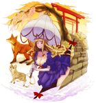  akai_kagerou_(artist) animal animal_ears awkward_pose bad_anatomy bangs blonde_hair blush bow breasts brown_eyes bursting_breasts cat cat_ears center_opening chen chen_(cat) cherry_blossoms choker cleavage cloud collarbone colored_pencil_(medium) dress elbow_gloves flower fox fox_ears fox_tail frilled_dress frills gap glint gloves grass hair_bow hair_ribbon hanging_breasts hat hat_ribbon highres lace large_breasts lazy_eye leaning_forward light_smile lips living_hair long_hair looking_at_viewer messy_hair mixed_media multiple_girls multiple_tails no_bra nose open_mouth parasol parted_bangs perspective pet petals pinky_out pleated_dress puffy_short_sleeves puffy_sleeves purple_dress purple_eyes red_eyes red_hair redhead ribbon shadow short_sleeves sky stairs stone striped sunset tail thighs torii touhou traditional_media tree triangle umbrella very_long_hair violet_eyes walking watercolor_(medium) yakumo_ran yakumo_ran_(fox) yakumo_yukari 