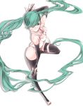  aqua_eyes aqua_hair barefoot elbow_gloves fingerless_gloves gloves grin hatsune_miku hatsune_miku_(append) highres long_hair necktie simple_background smile solo teriyaki2 thighhighs toeless_socks twintails very_long_hair vocaloid vocaloid_append wink 