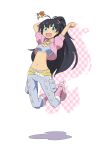  absurdres arms_up black_hair blush boots collarbone cool_&amp;_sexy_(idolmaster) fang ganaha_hibiki green_eyes hamster hamuzou highres idolmaster jeans jumping long_hair midriff navel open_mouth outstretched_arms ponytail tubetop very_long_hair yoekosukii 