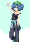  arm_up bare_shoulders blue_eyes blue_hair boots casual contemporary face hair_bobbles hair_ornament hand_behind_head hand_in_hair hand_in_pocket hat ica jacket_around_waist jeans kawashiro_nitori pants short_hair solo squiggle strap_slip tank_top touhou twintails 