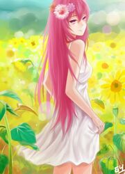  field flower hair_flower hair_ornament just_be_friends_(vocaloid) long_hair looking_back megurine_luka silverwing smile sundress very_long_hair vocaloid 