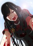  blood blood-c blood_on_clothes blood_on_face bloody_clothes chain chains glasses kisaragi_saya lens_flare long_hair mattari_yufi red_eyes school_uniform slit_pupils spoilers 