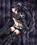  arm_cannon armor belt beltskirt black_hair black_rock_shooter black_rock_shooter_(character) boots breasts chain chains checkered glowing glowing_eyes insane_black_rock_shooter knife long_hair midriff navel purple_eyes scar shorts solo twintails under_boob underboob very_long_hair violet_eyes weapon 