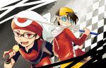  black_hair cue_stick fingerless_gloves glasses gloves gold_(pokemon) grin hat microphone pokemon pokemon_special red_eyes ruby_(pokemon) shirou_(vista) smile 