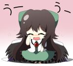  black_wings blush bow cape chibi closed_eyes eyes_closed fang hair_bow hand_on_own_face hand_to_face hasewox open_mouth reiuji_utsuho shirt sitting skirt solo tears third_eye touhou wings 