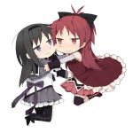  akemi_homura black_hair black_legwear blush bow cheek-to-cheek cheek_to_cheek chibi detached_sleeves dress hair_bow hug jumping knt31 long_hair magical_girl mahou_shoujo_madoka_magica multiple_girls pantyhose ponytail purple_eyes red_eyes red_hair redhead ribbon sakura_kyouko simple_background skirt sweat thigh-highs thighhighs trembling tsuzuya_(knt31) violet_eyes 