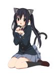  animal_ears black_hair blush brown_eyes cat_ears cat_pose cat_tail k-on! long_hair nakano_azusa open_mouth paw_pose peko school_uniform simple_background sitting solo tail twintails wariza 