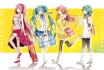  :q aqua_hair arisaka_ako bag blue_eyes casual green_hair gumi hatsune_miku long_hair megurine_luka multiple_girls nanase_kanon pink_eyes pink_hair skirt smile thigh-highs thighhighs tongue twintails vocaloid 