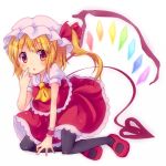  ascot black_legwear blonde_hair blush finger_to_face flandre_scarlet hat laevatein lowres mary_janes minato0618 open_mouth pantyhose red_eyes shirt shoes side_ponytail simple_background single_wing skirt skirt_set solo the_embodiment_of_scarlet_devil touhou wings wrist_cuffs wrist_ribbon 