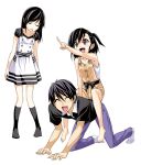  all_fours ashisu_sahono ashisu_sahoto barefoot black_hair brown_eyes character_request closed_eyes dress eyes_closed feet girl_on_top hiroyuki if_they_mated long_hair mangaka-san_to_assistant-san mangaka-san_to_assistant-san_to official_art overalls short_hair siblings sisters 