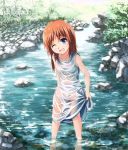  1girl ;d barefoot beidan blue_eyes creek dress long_hair nature open_mouth orange_hair original outdoors river rock see-through smile solo stream sundress wading water wet wet_clothes white_dress wink 