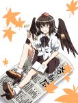  black_hair bobby_socks book bowtie brown_eyes bunbunmaru footwear geta grin hat leaf newspaper pen rimibure shameimaru_aya sitting skirt smile socks solo teeth tokin_hat touhou wings wink 