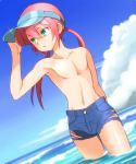  androgynous aqua_eyes ebi-rom inazuma_eleven inazuma_eleven_(series) inazuma_eleven_go kirino_ranmaru long_hair low_twintails male open_mouth pink_hair shirtless shorts solo topless trap twintails visor visor_cap wading water 