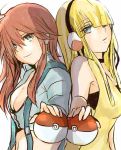  alice-yuki alternate_hairstyle back-to-back bangs blonde_hair blunt_bangs breasts cleavage fuuro_(pokemon) gym_leader hair_down hair_over_one_eye headphones holding holding_poke_ball kamitsure_(pokemon) long_hair multiple_girls poke_ball pokemon pokemon_(game) pokemon_black_and_white pokemon_bw red_hair redhead sketch 