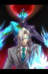  blue_eyes blue_fire blue_flame dual_persona fire formal full_moon glowing glowing_eyes grey_hair hair_over_one_eye highres letterboxed lips long_hair lunatic_(tiger_&amp;_bunny) male mask moon multiple_boys namiki_(artist) necktie pale_skin ponytail red_moon suit superhero tiger_&amp;_bunny yuri_petrov 