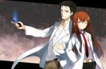  black_hair blue_eyes blush brown_hair cellphone collarbone hands_in_pockets kito kito_(sorahate) labcoat long_hair makise_kurisu necktie okabe_rintarou phone short_hair smile steins;gate wink yellow_eyes 