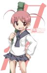  blush brown_hair hand_on_hip hips nichijou open_mouth over_shoulder panties red_hair redhead school_uniform short_twintails skirt smile solo sword_bag sword_case tachibana_mihoshi twintails underwear wind_lift yumesato_makura 