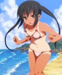  bare_shoulders beach bikini black_hair bow brown_eyes cloud collarbone front-tie_top highres k-on! lacosoregashi long_hair nakano_azusa navel ocean open_mouth ribbon solo swimsuit tan tanline twintails 
