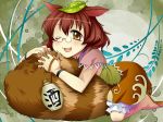  :3 animal_ears bloomers blush bottle brown_eyes brown_hair futatsuiwa_mamizou glasses gourd leaf leaf_on_head open_mouth oyuki raccoon_ears raccoon_tail sandals short_hair skirt smile solo tail tail_hug touhou wink 