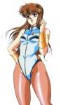  armlet blue_eyes bodysuit bracer brown_hair brown_legwear dangaioh dangaiou highres hirano_toshihiro leotard long_hair mia_alice official_art oldschool pantyhose simple_background solo 