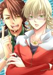  barnaby_brooks_jr blonde_hair brown_eyes brown_hair cm_pa crossed_arms facial_hair glasses green_eyes jacket jewelry kaburagi_t_kotetsu male multiple_boys necklace necktie pointing red_jacket ring short_hair stubble tiger_&amp;_bunny vest waistcoat 