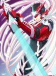  android armor blue_eyes bodysuit capcom energy_blade feathers gloves helmet long_hair male mushisotisis pose rockman rockman_zero signature silver_hair solo standing sword very_long_hair weapon zero_(rockman) 
