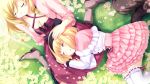  blonde_hair boots breasts cleavage closed_eyes curly_hair dress eyes_closed flower frills from_above game_cg gathers grass hair_ribbon hairband hand_on_head hyper_highspeed_genius iris_windsor long_hair miyasu_risa multiple_girls ribbon ruffles sakura_windsor shawl short_hair siblings sisters sitting sleeping sunlight thigh-highs thighhighs wariza white_legwear 