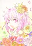  animal_ears colored_pencil_(medium) earrings flower hair_flower hair_ornament highres jewelry lily_(flower) looking_at_viewer mystia_lorelei no_hat no_headwear open_mouth ozawa petals pink_eyes pink_hair rose short_hair smile touhou traditional_media 